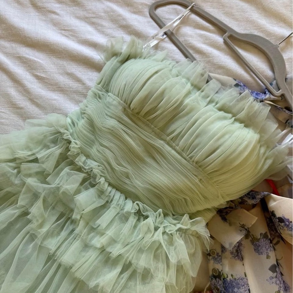 Mac Duggal Strapless Tulle Ruffle Gown
